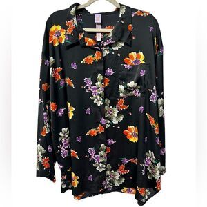 Savage X Fenty Floral Black Long Sleeve Button Down Blouse Orange Purple Flowers